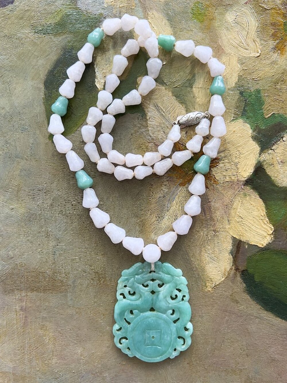 Vintage Chinese Green & White Jade Dragon Pendant Necklace